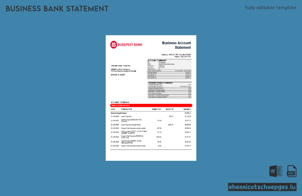 Budapest Bank – Szolnoki Fiok Geschäftskontoauszug (Beispiel im Word- und PDF-Format)